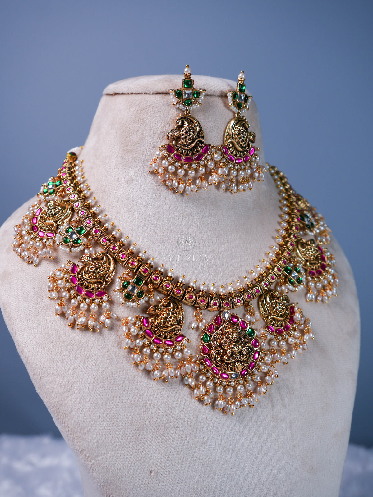 Shreya Temple Jadua Kundan Necklace Set