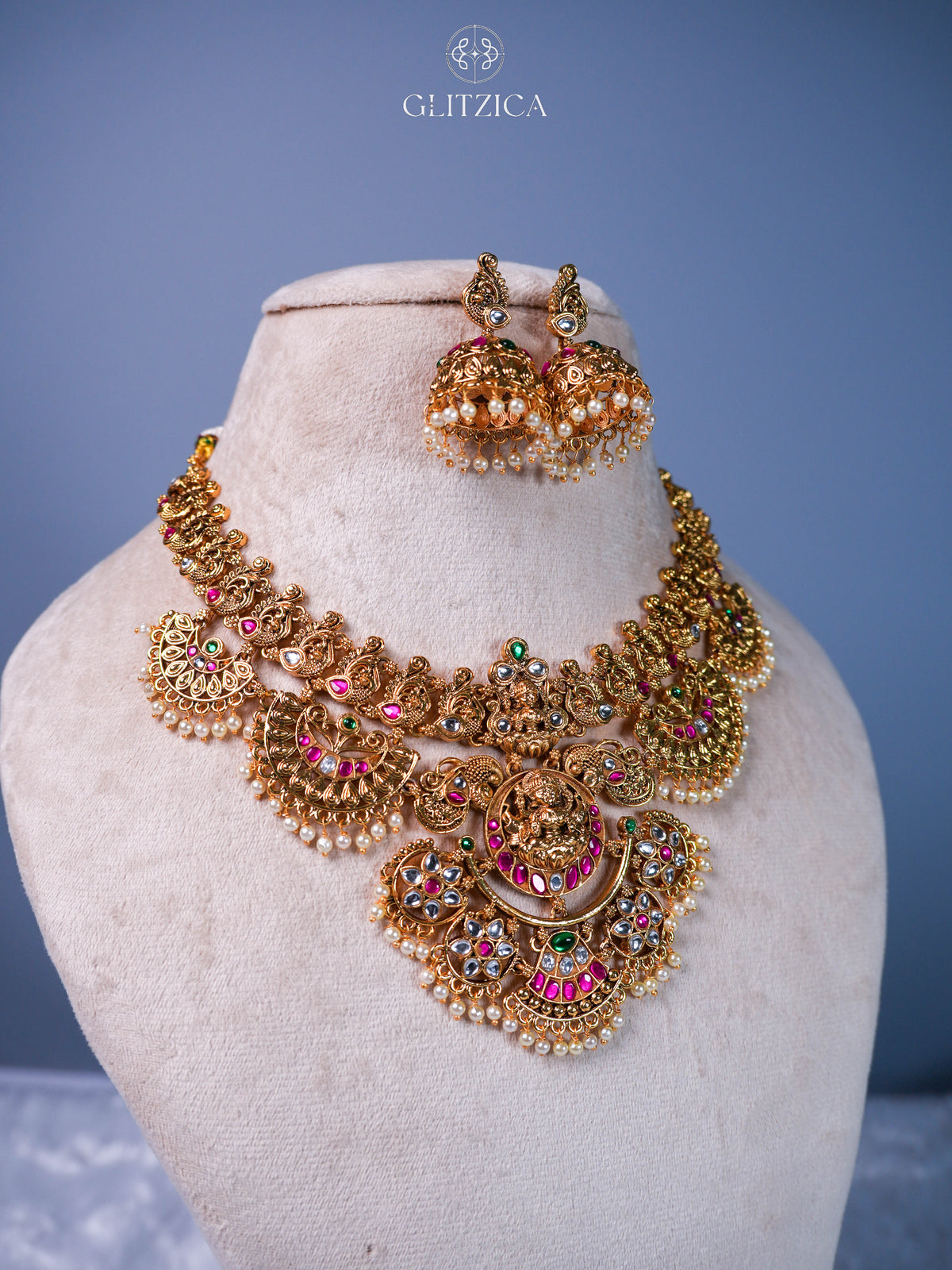 Anjali Temple Lakshmi Jadua Kundan Necklace Set
