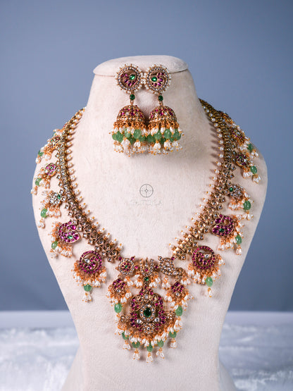 Kavya Emerald Guttapusalu Bridal Long Necklace Set