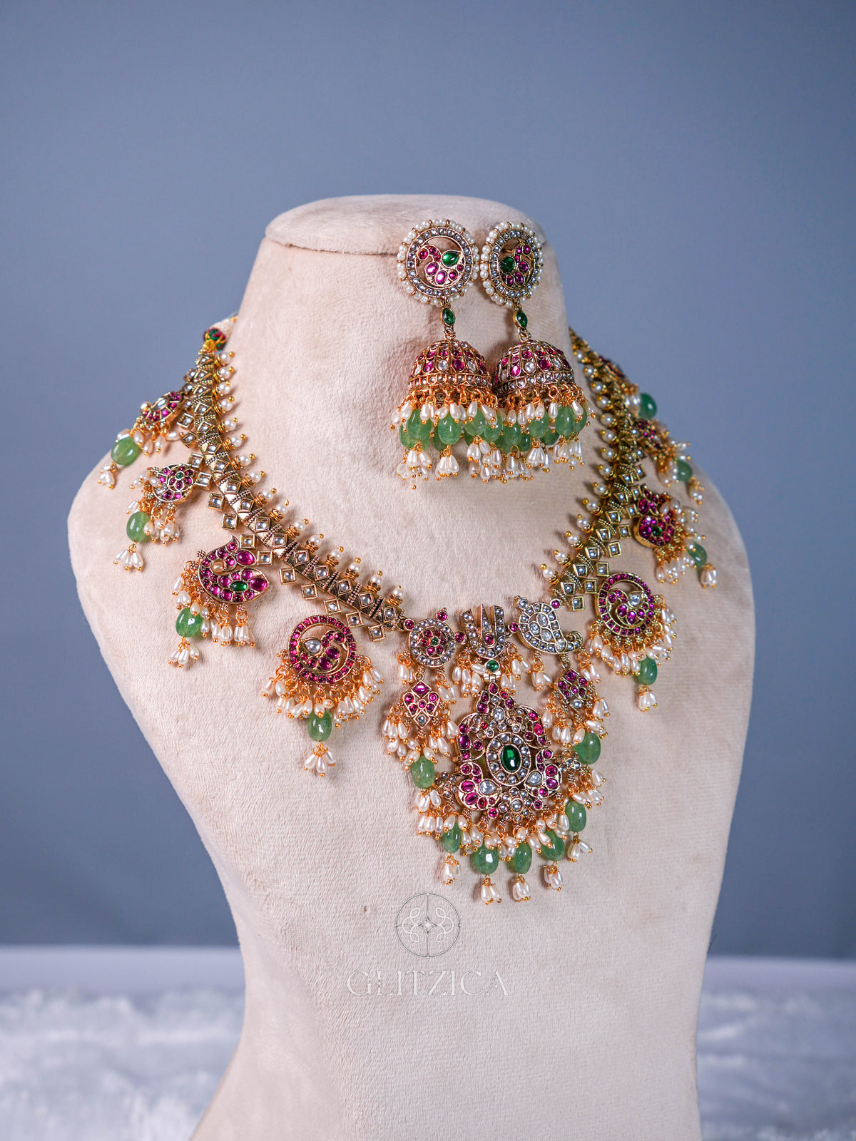 Divya Emerald Guttapusalu Necklace Set