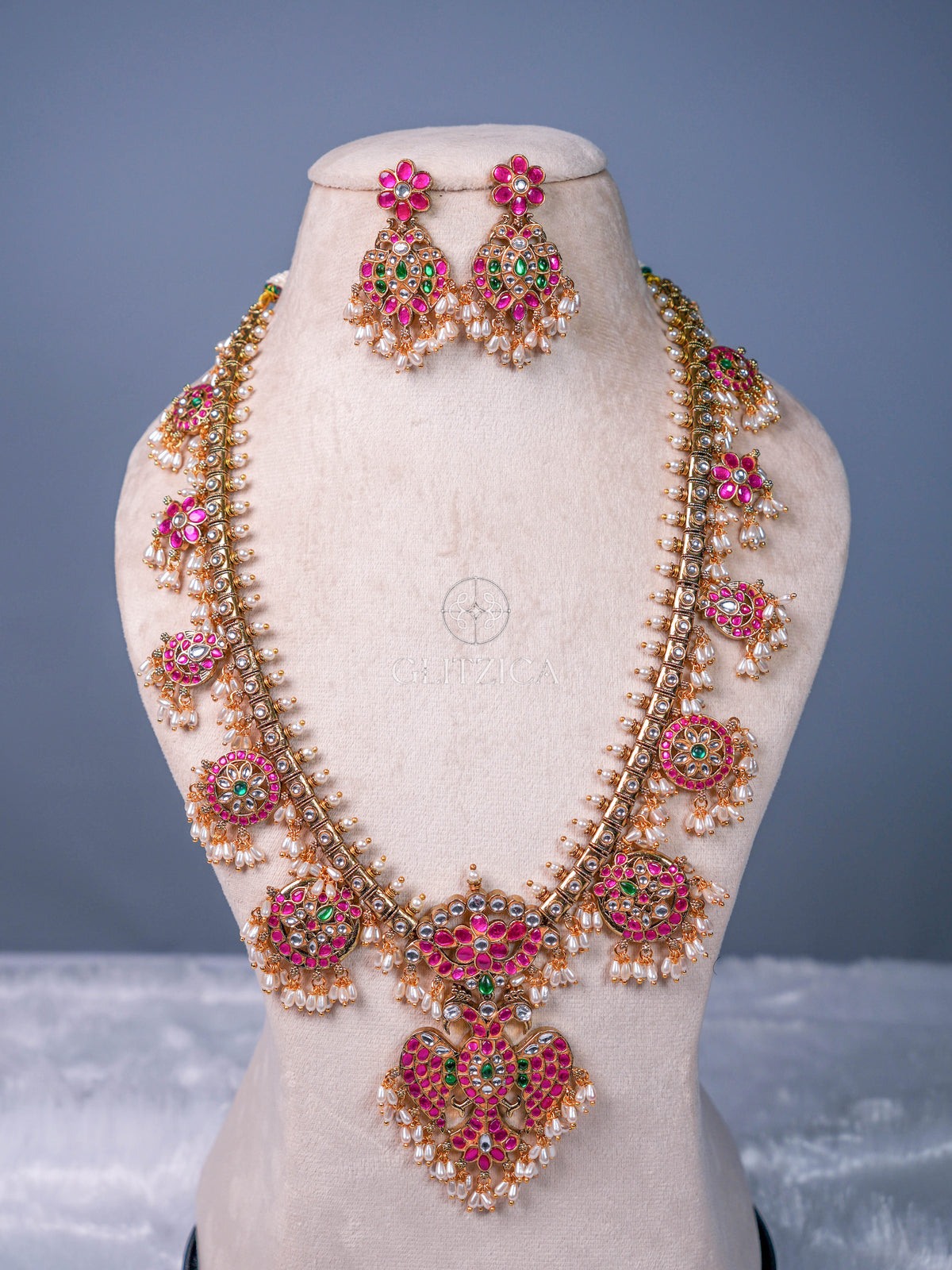 Deepika Peacock Long Jadua Kundan Necklace Set