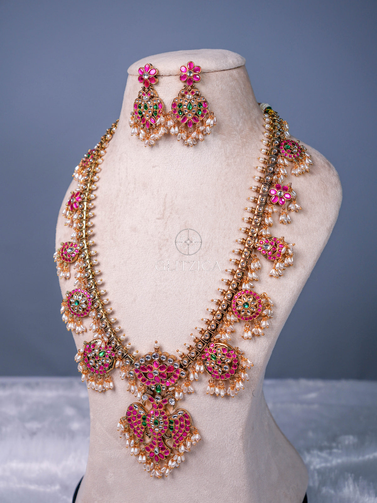 Deepika Peacock Long Jadua Kundan Necklace Set