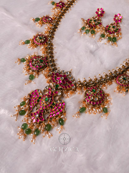 Sneha Peacock Long Jadua Kundan Necklace Set