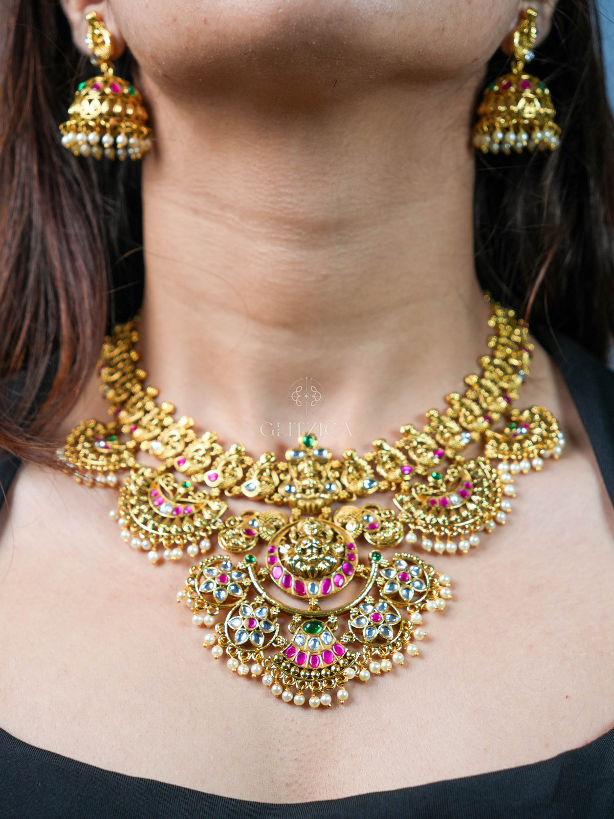 Anjali Temple Lakshmi Jadua Kundan Necklace Set