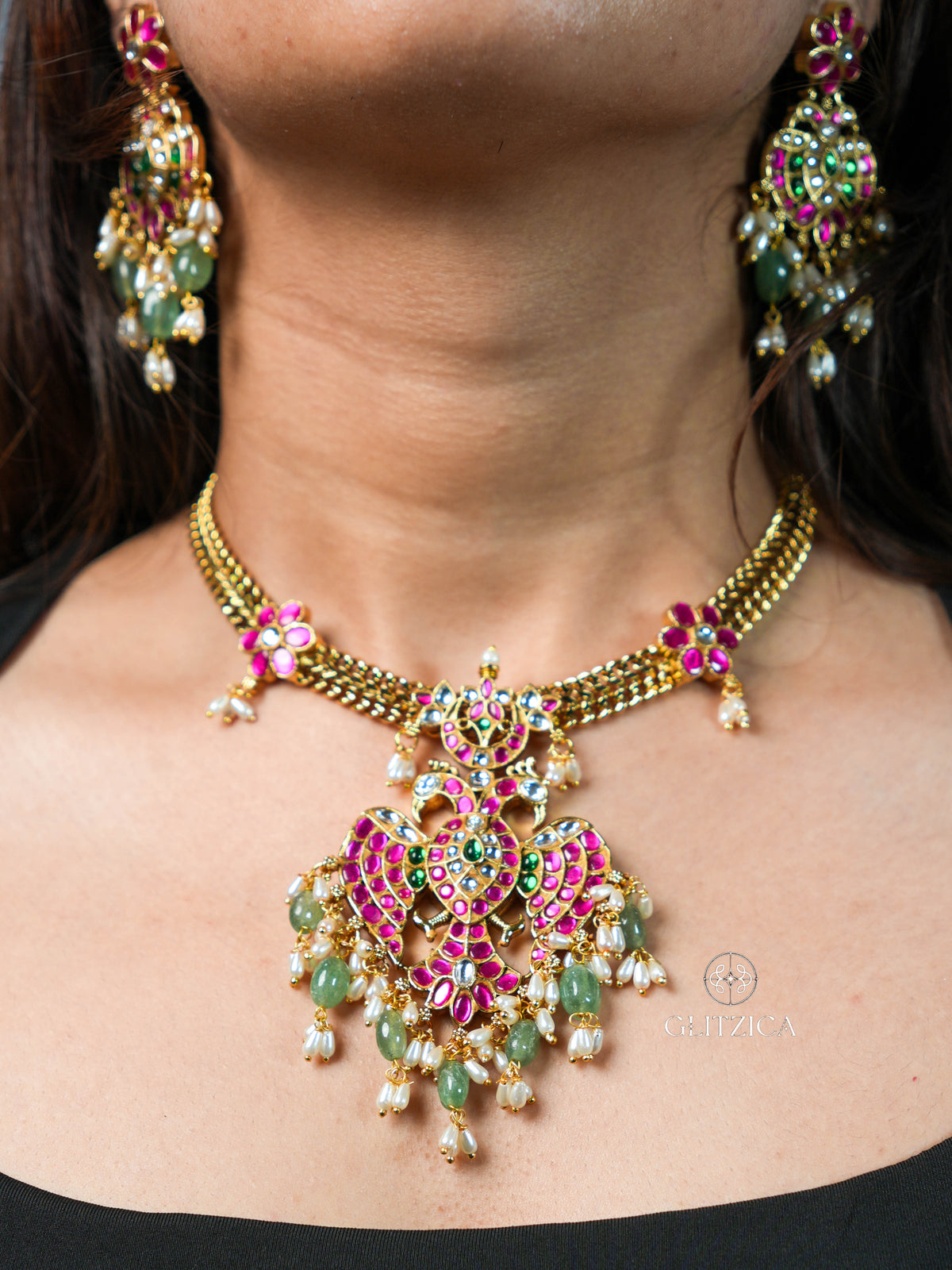 Nandini Peacock Jadua Kundan Necklace Set