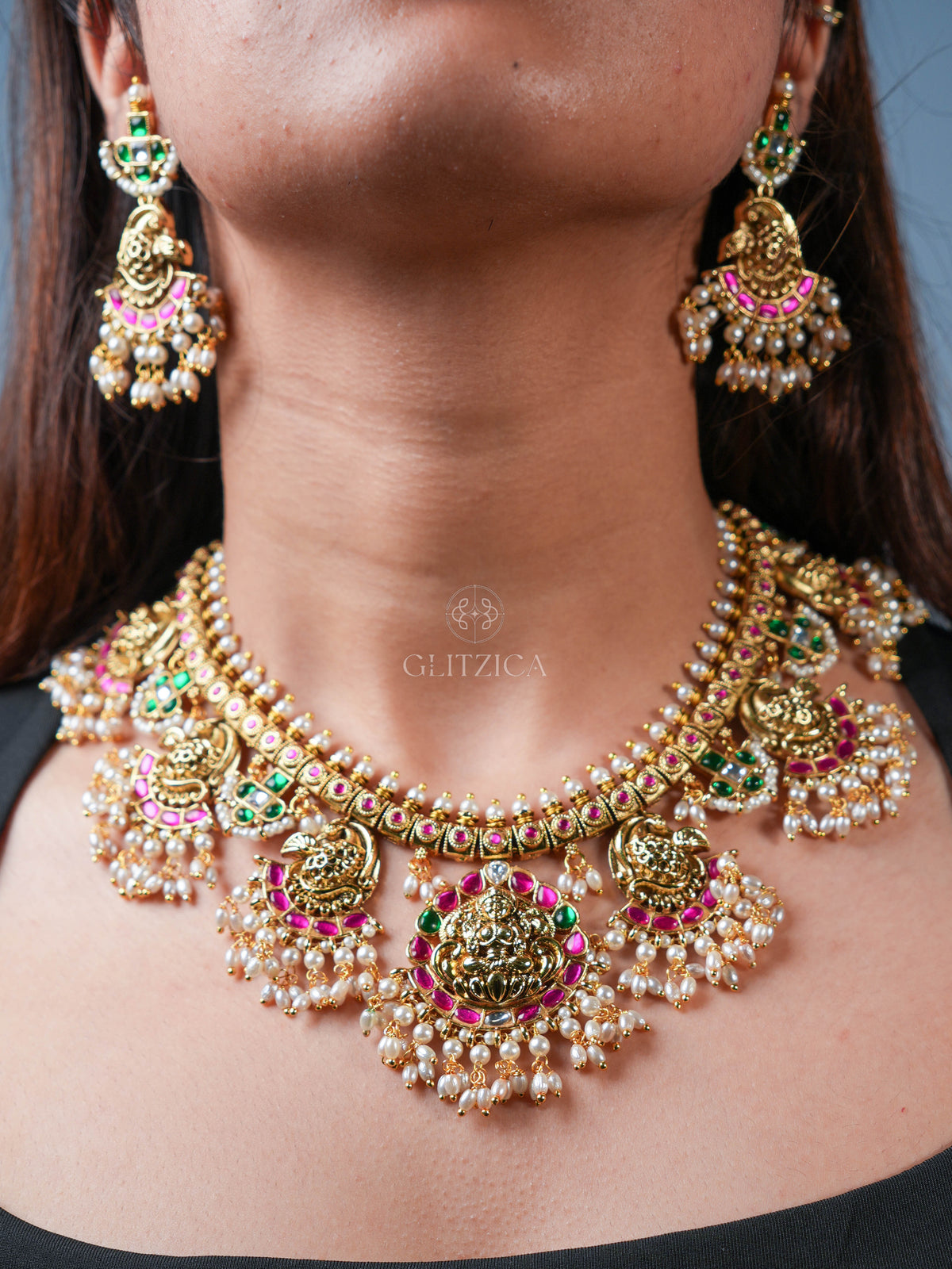 Shreya Temple Jadua Kundan Necklace Set