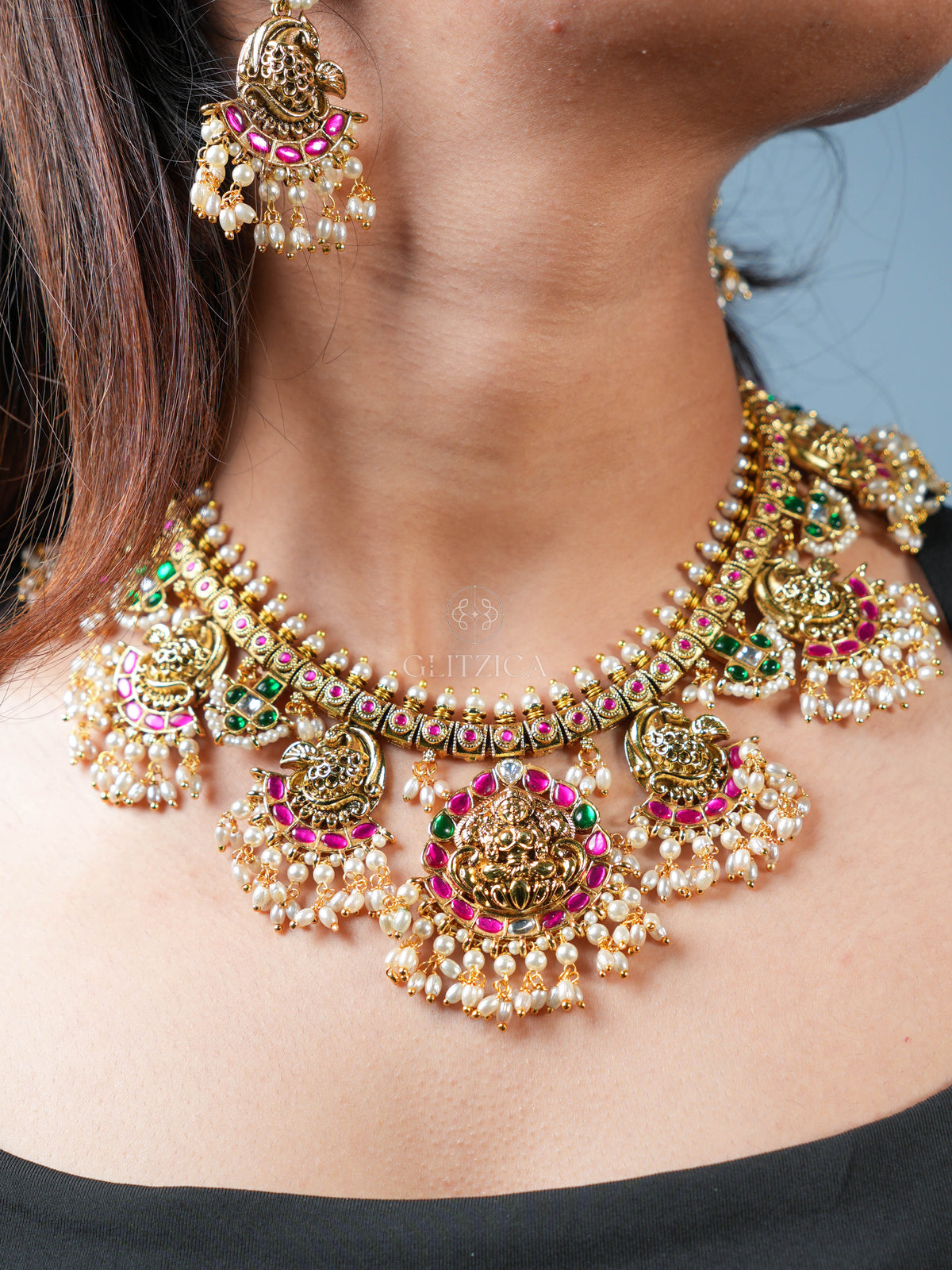 Shreya Temple Jadua Kundan Necklace Set