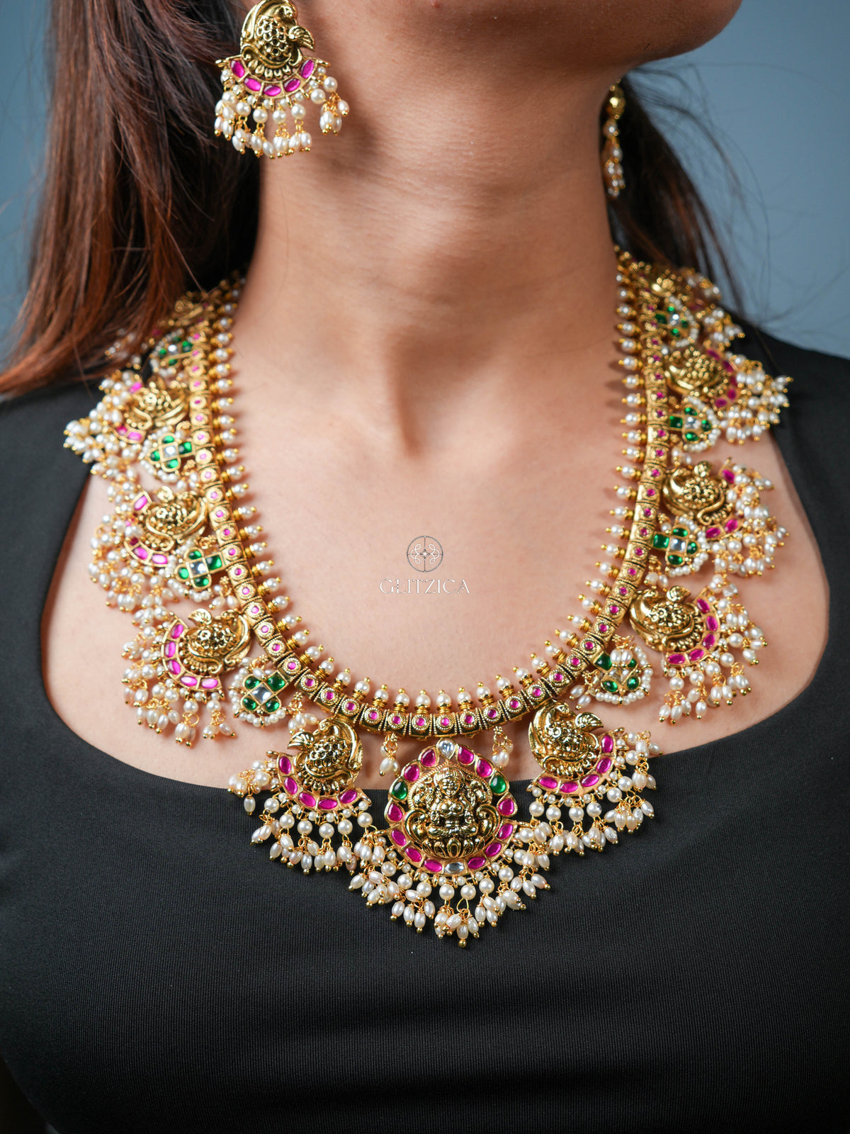 Akshara Temple Long Jadua Kundan Necklace Set