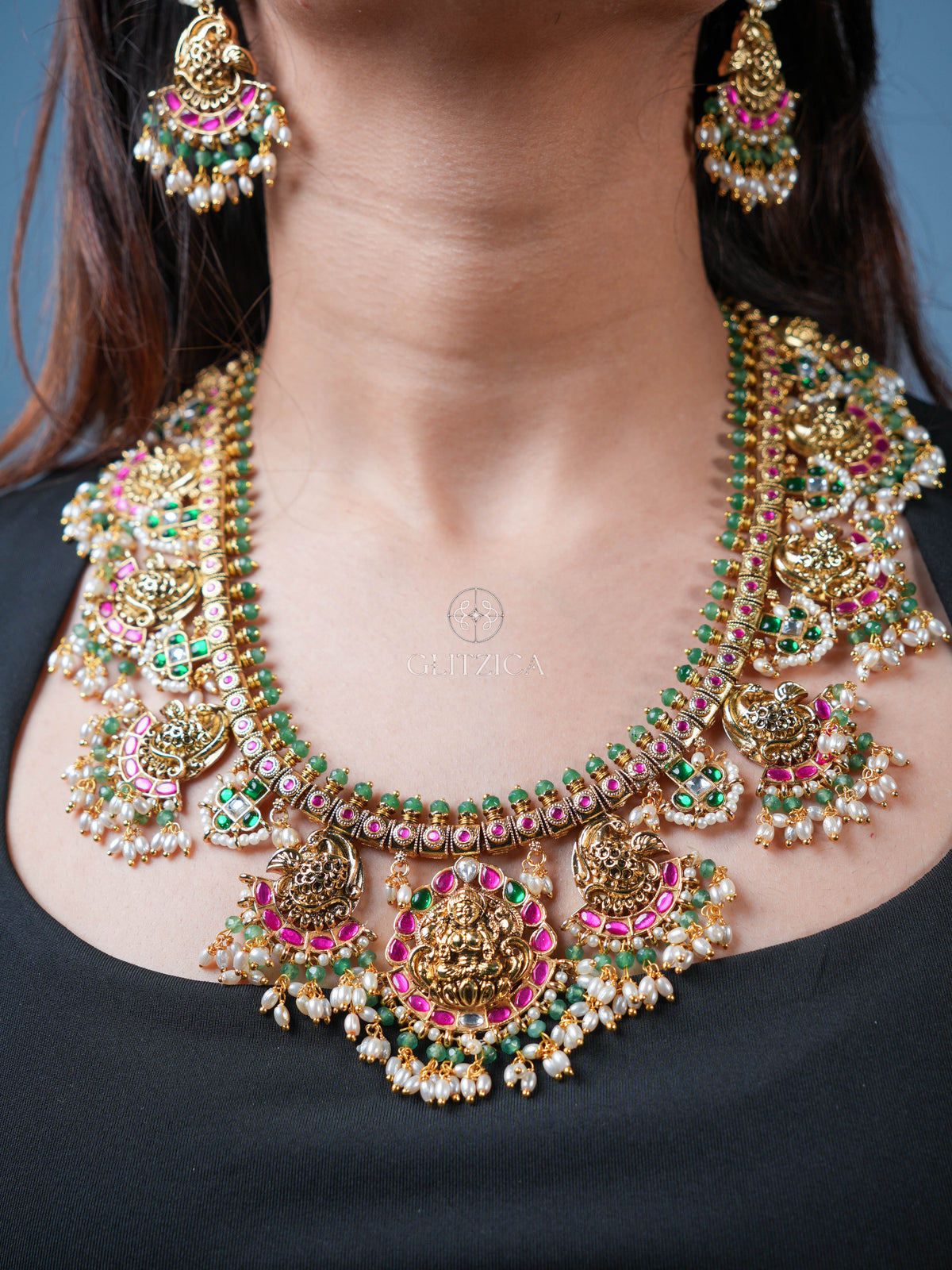 Shreya Temple Long Jadua Kundan Necklace Set