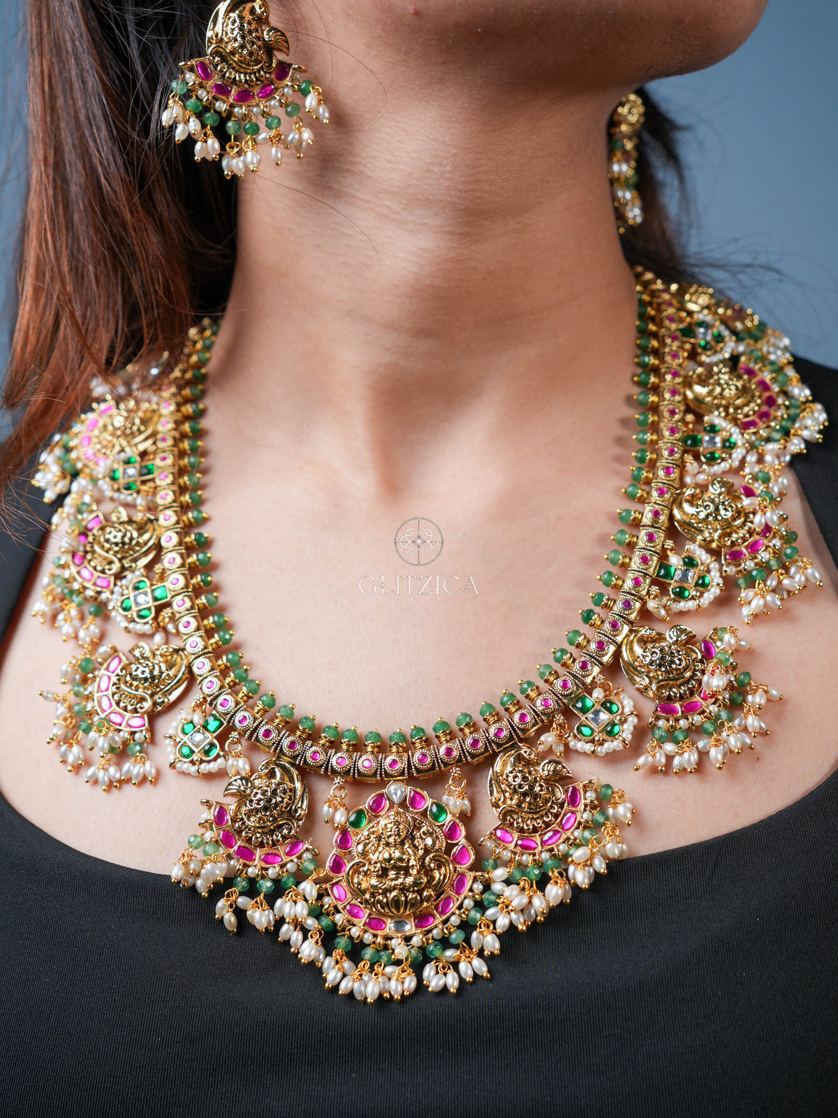 Shreya Temple Long Jadua Kundan Necklace Set