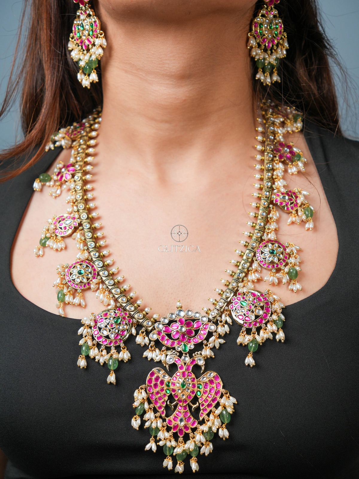 Double Layer Hema Peacock Jadua Kundan Necklace Set
