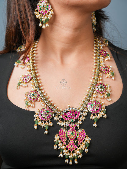 Sneha Peacock Long Jadua Kundan Necklace Set