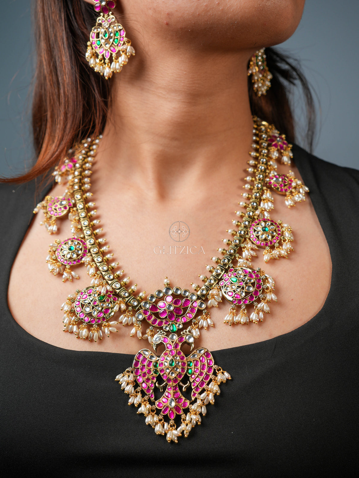 Deepika Peacock Long Jadua Kundan Necklace Set
