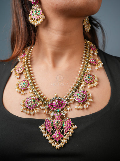 Deepika Peacock Long Jadua Kundan Necklace Set