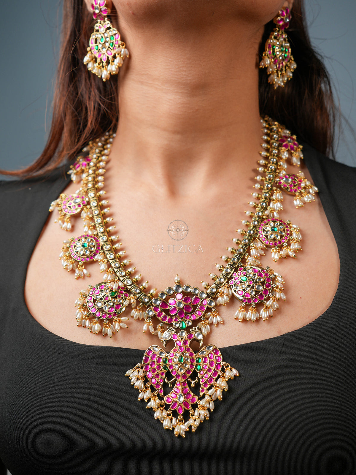 Deepika Peacock Long Jadua Kundan Necklace Set