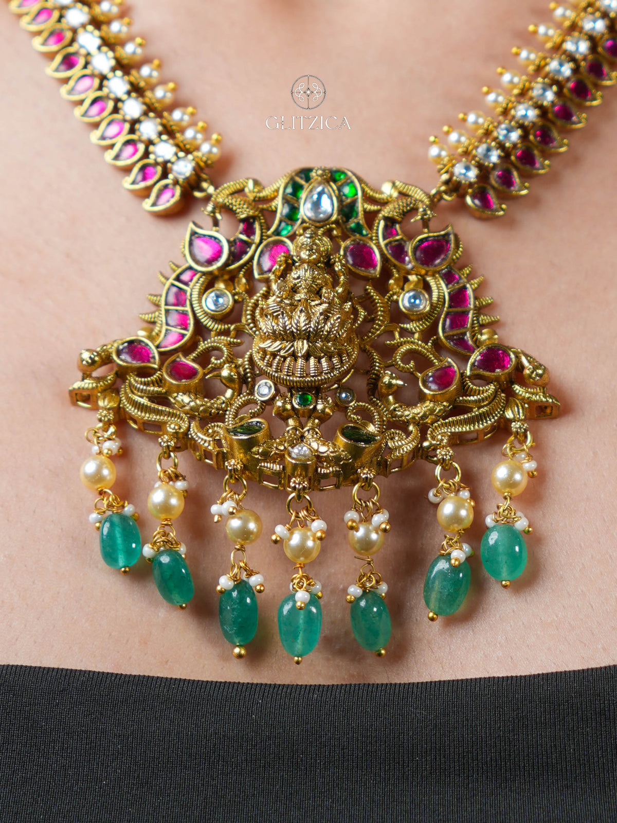 Tanvi Temple Lakshmi Jadua Kundan Necklace Set