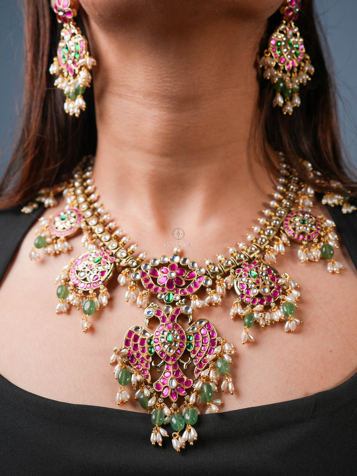 Bhavana Peacock Jadua Kundan Necklace Set