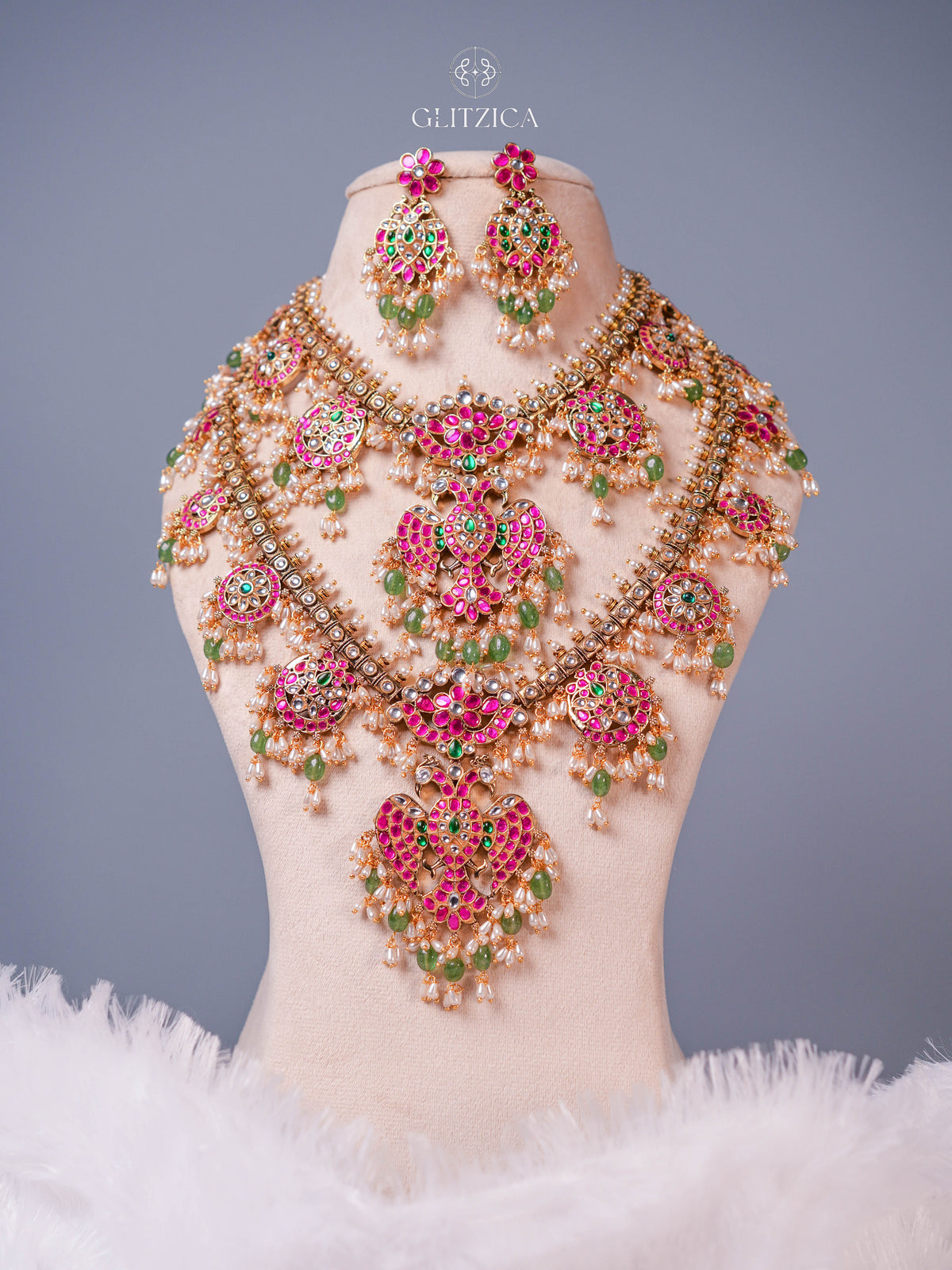 Double Layer Hema Peacock Jadua Kundan Necklace Set