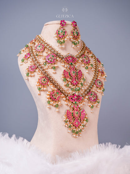 Double Layer Hema Peacock Jadua Kundan Necklace Set