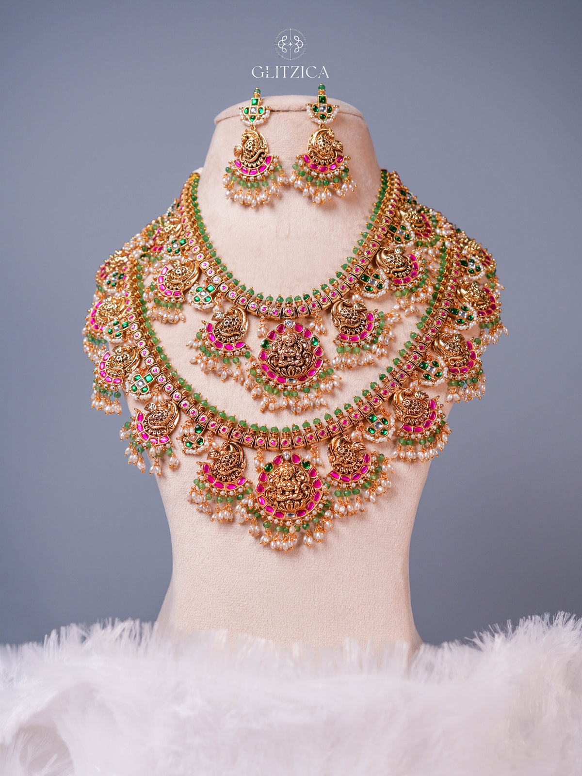 Double Layer Shruthi Temple Jadua Kundan Necklace Set