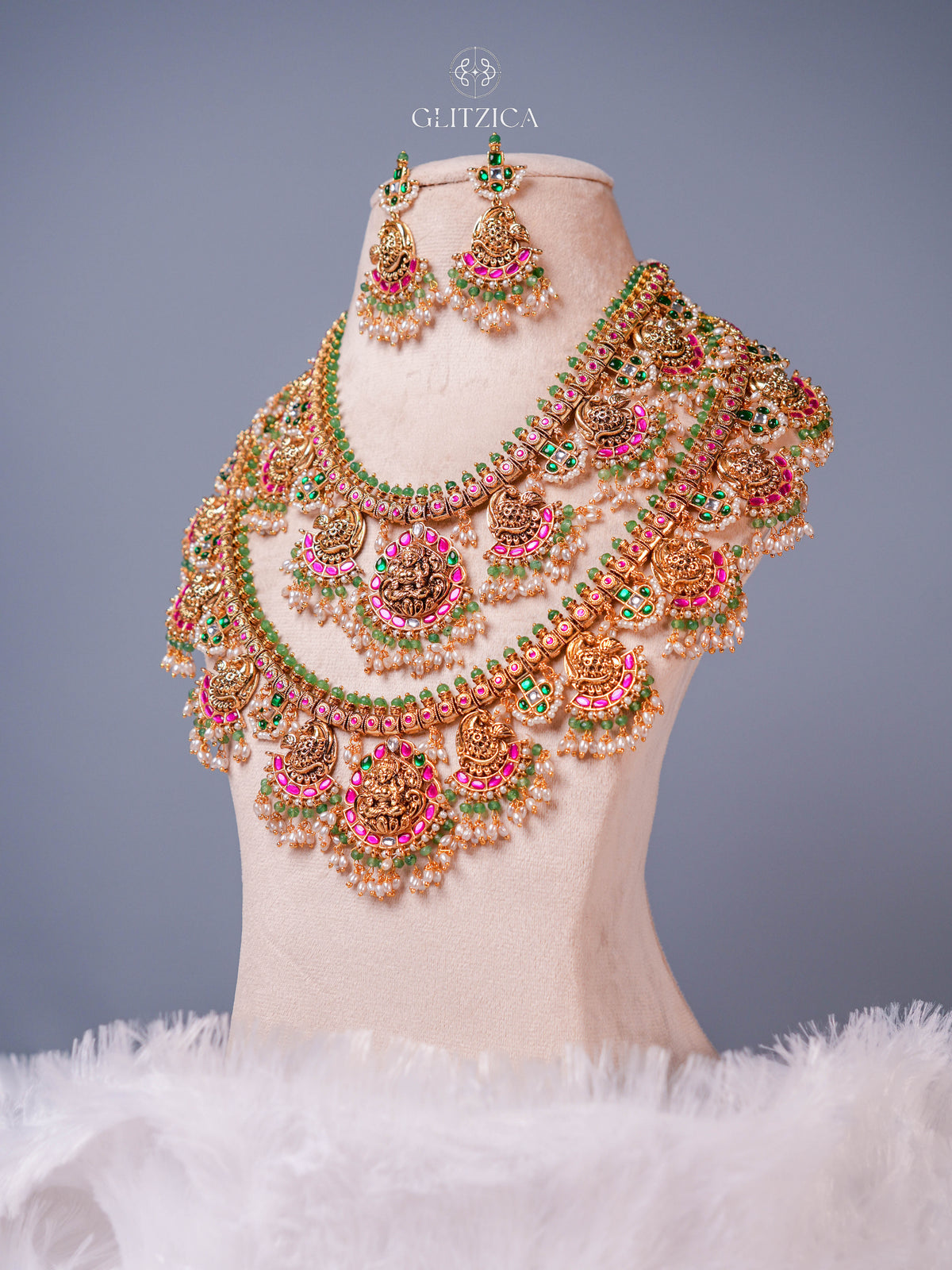 Double Layer Shruthi Temple Jadua Kundan Necklace Set