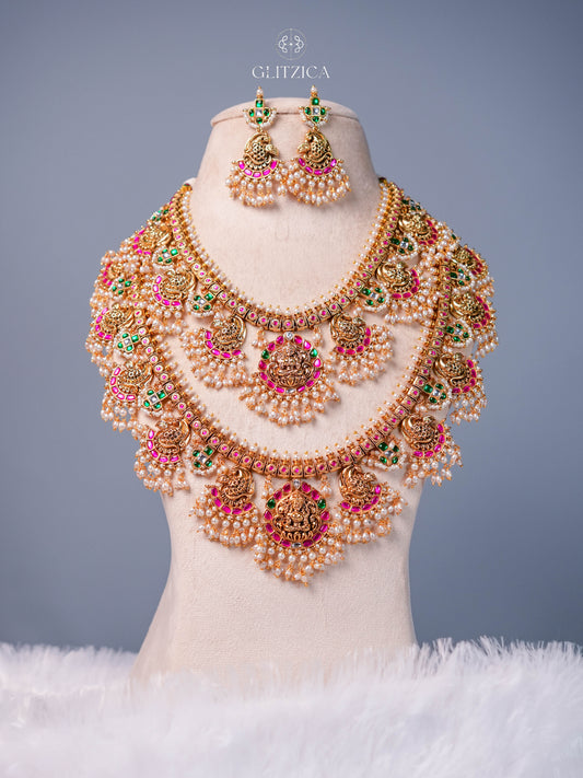Double Layer Priyanka Temple Jadua Kundan Necklace Set