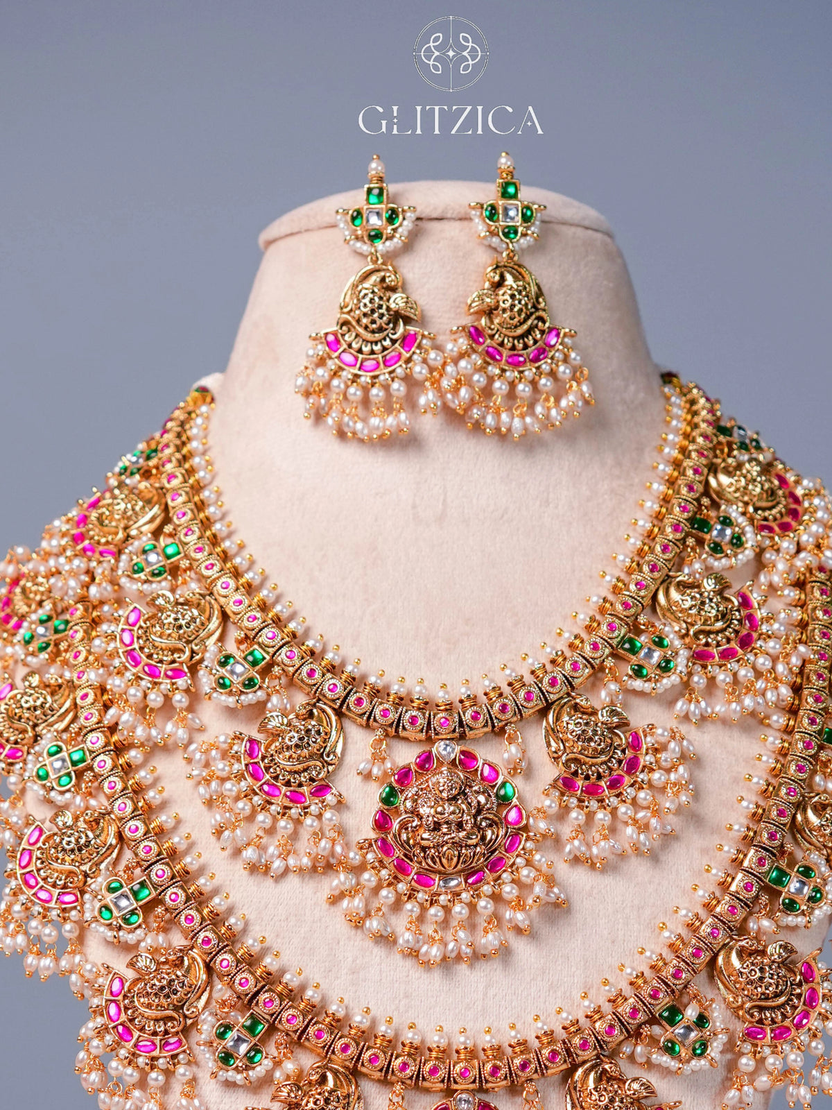 Double Layer Priyanka Temple Jadua Kundan Necklace Set