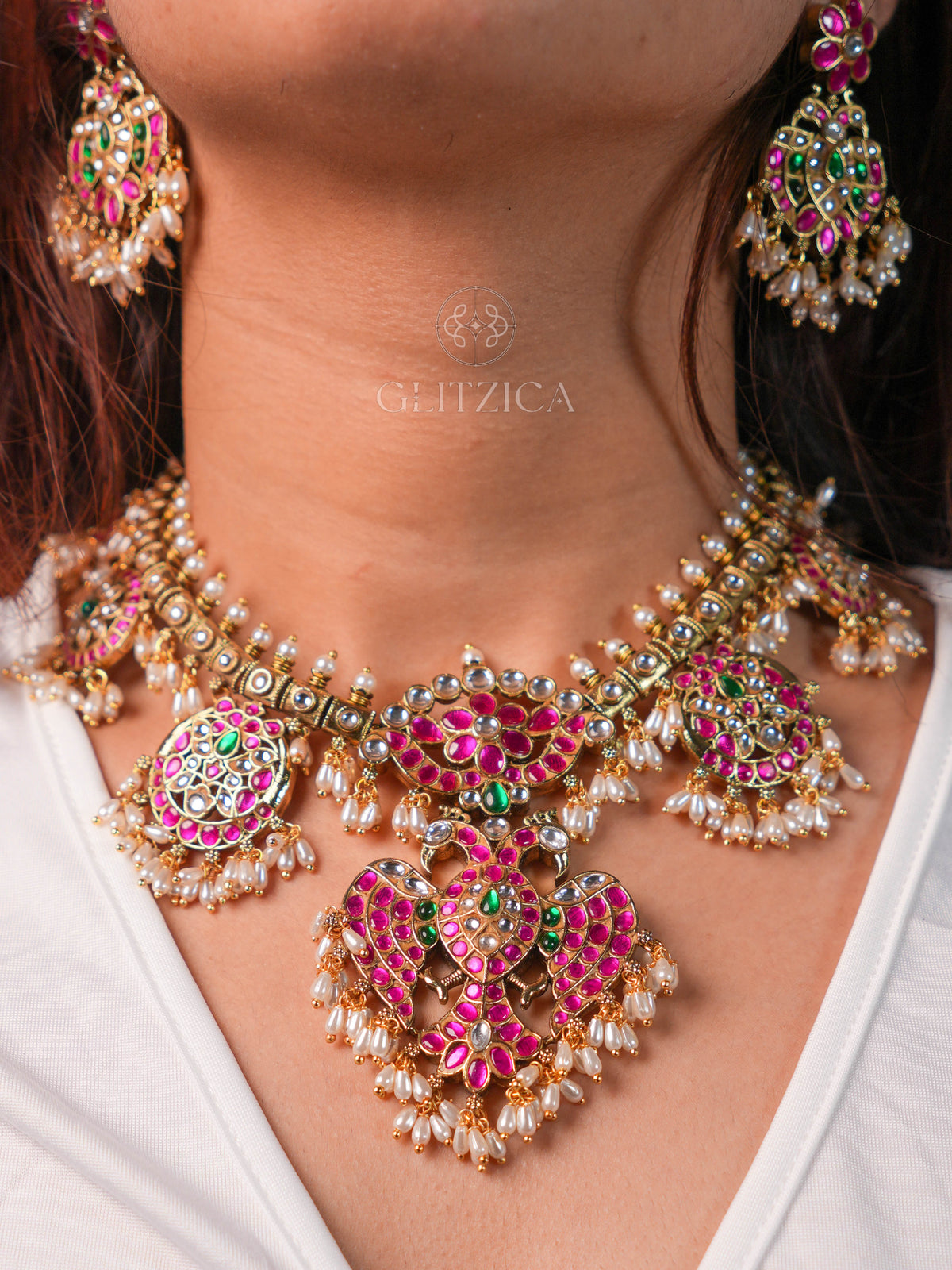 Swathi Peacock Jadua Kundan Necklace Set