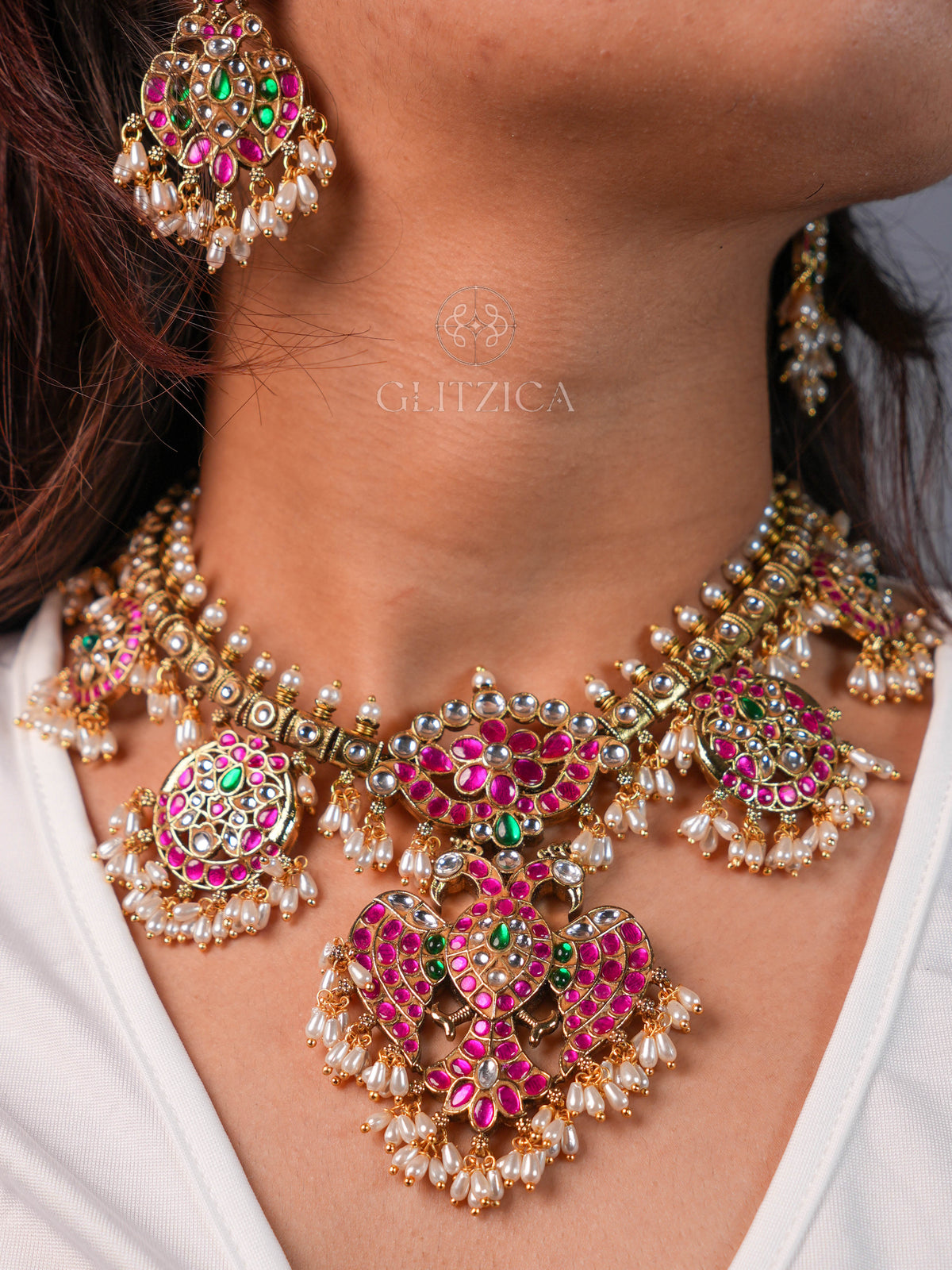 Swathi Peacock Jadua Kundan Necklace Set