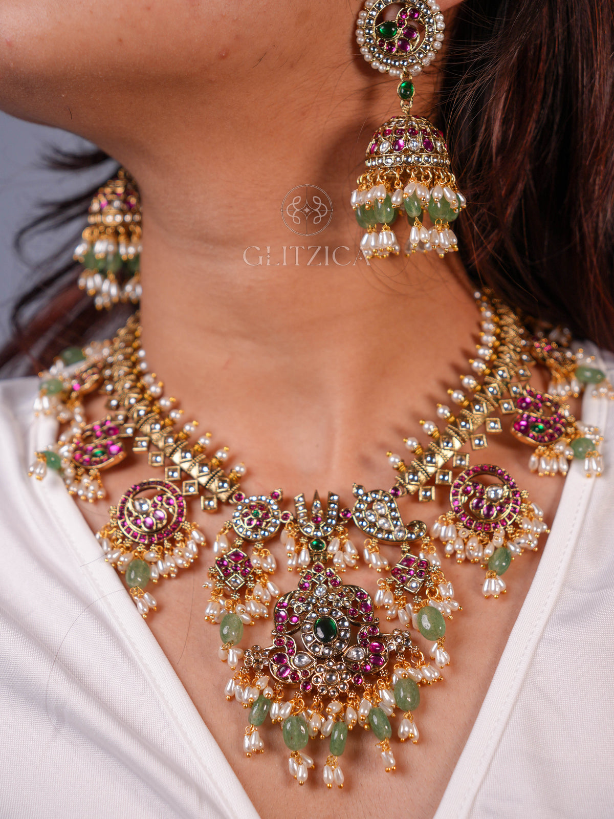 Divya Emerald Guttapusalu Necklace Set