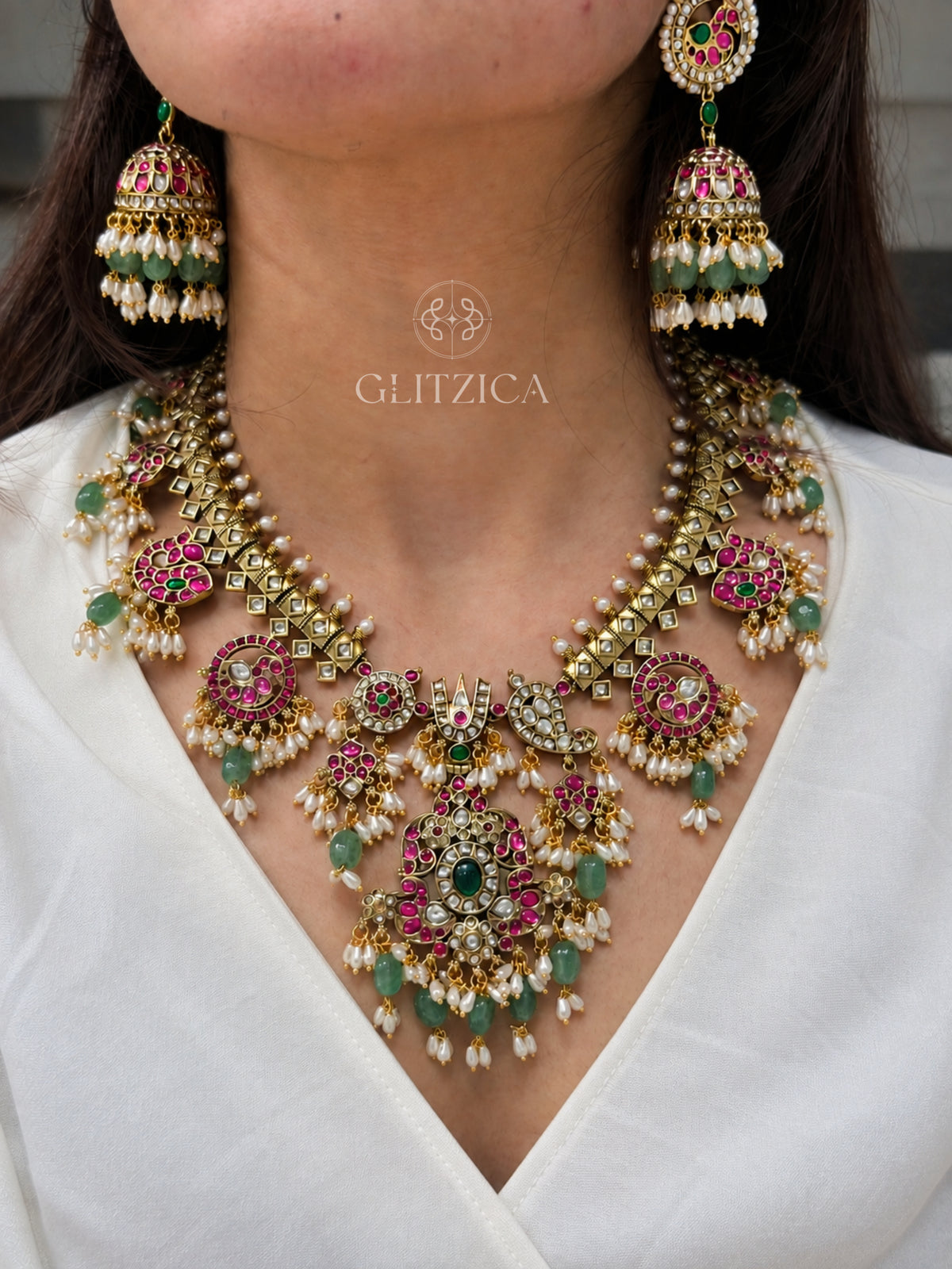 Divya Emerald Guttapusalu Necklace Set