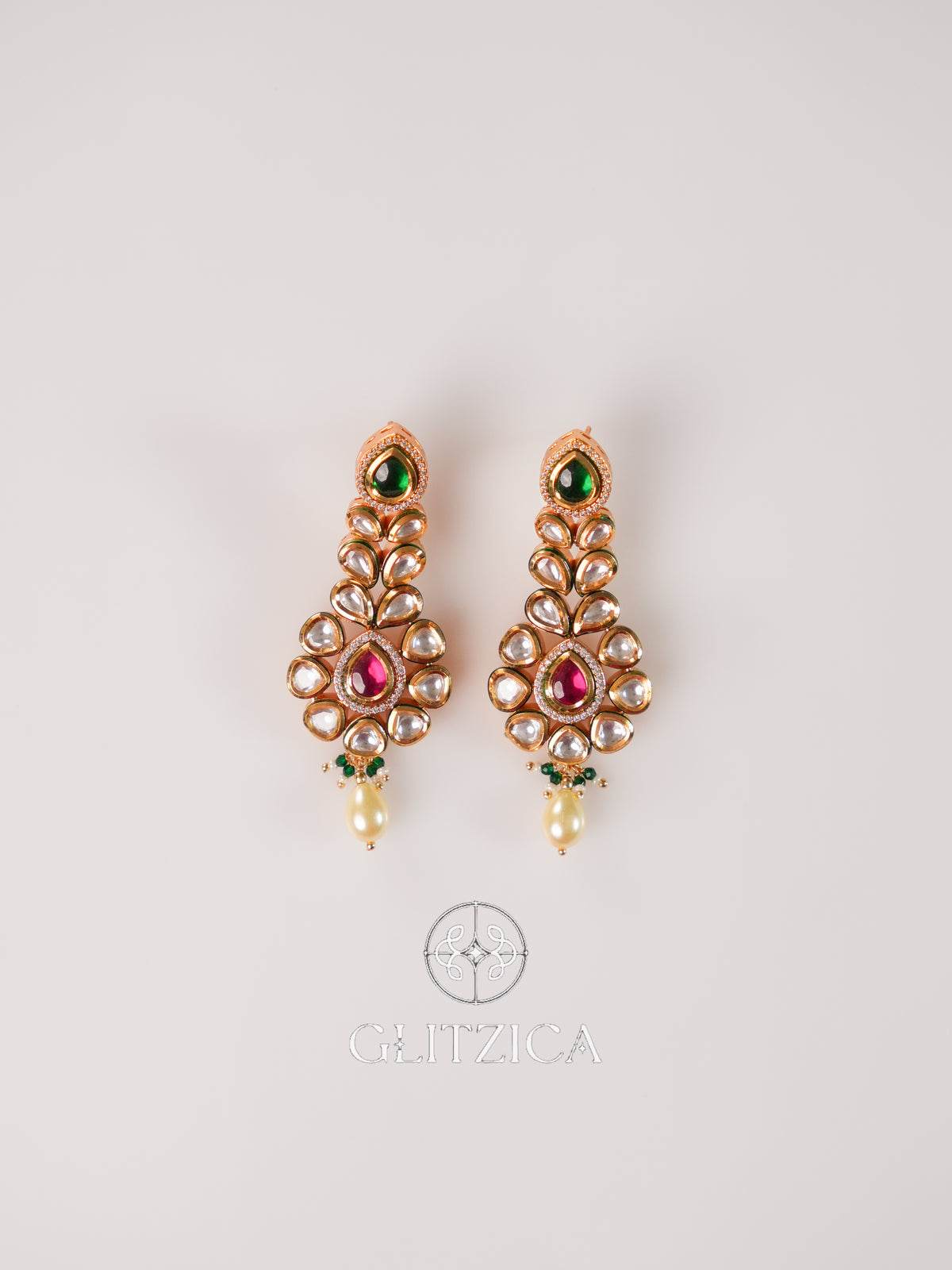 Kundan Ruby Emerald Green Drop Earrings