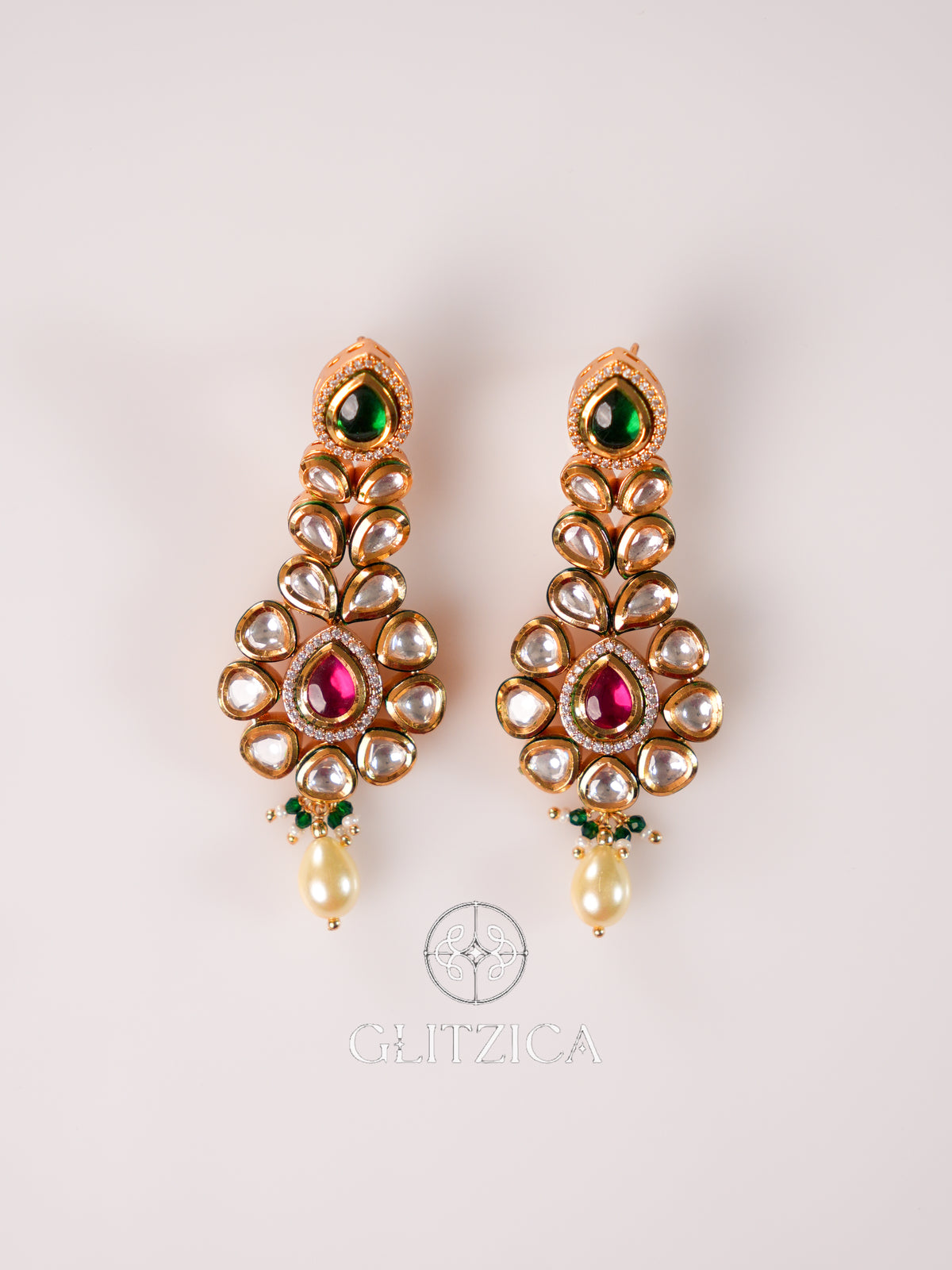 Kundan Ruby Emerald Green Drop Earrings