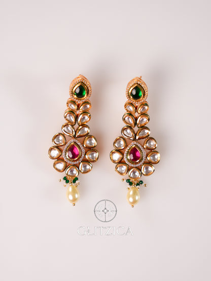 Kundan Ruby Emerald Green Drop Earrings