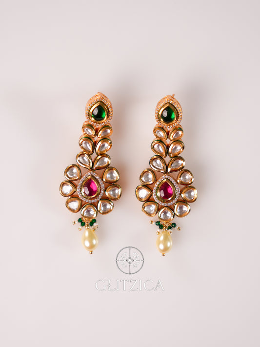 Kundan Ruby Emerald Green Drop Earrings