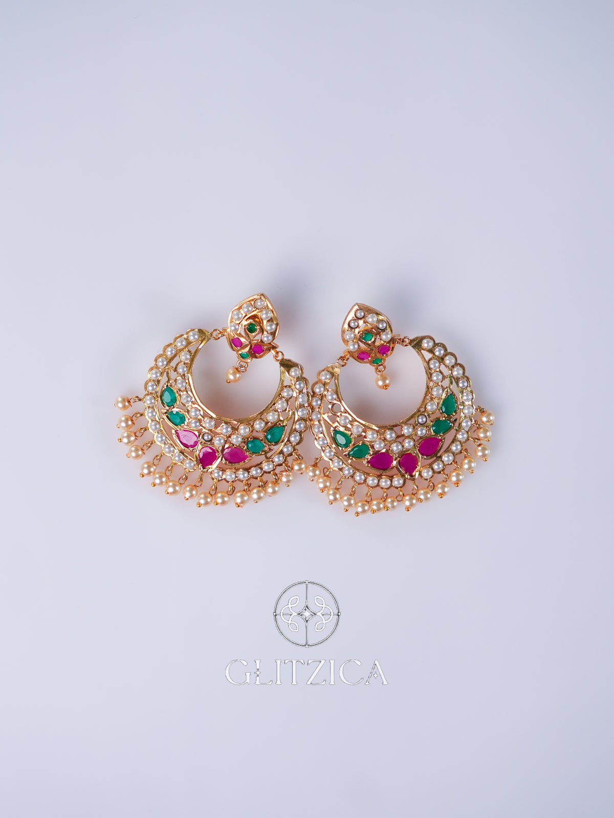 Kundan Meenakari Pearl Chandbali Earrings