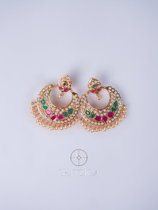 Kundan Meenakari Pearl Chandbali Earrings