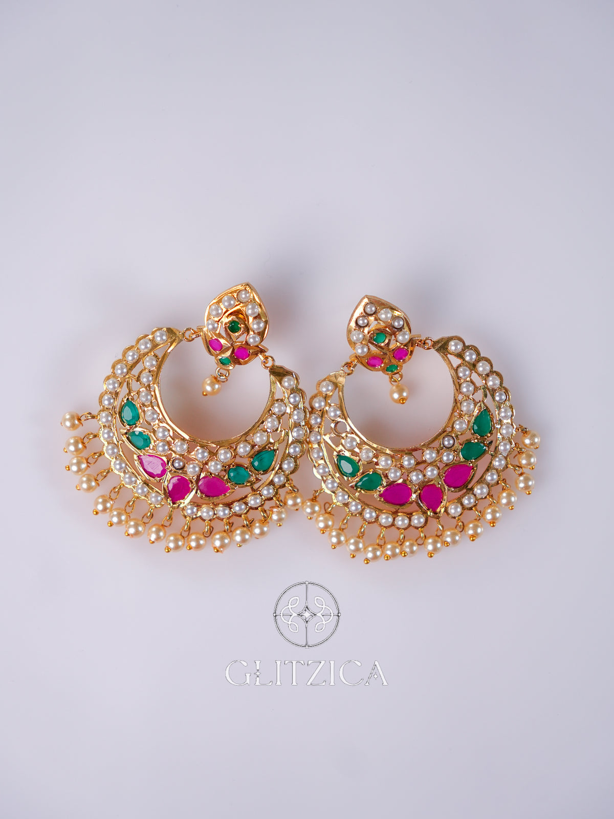 Kundan Meenakari Pearl Chandbali Earrings
