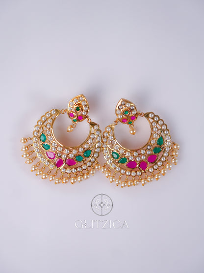 Kundan Meenakari Pearl Chandbali Earrings