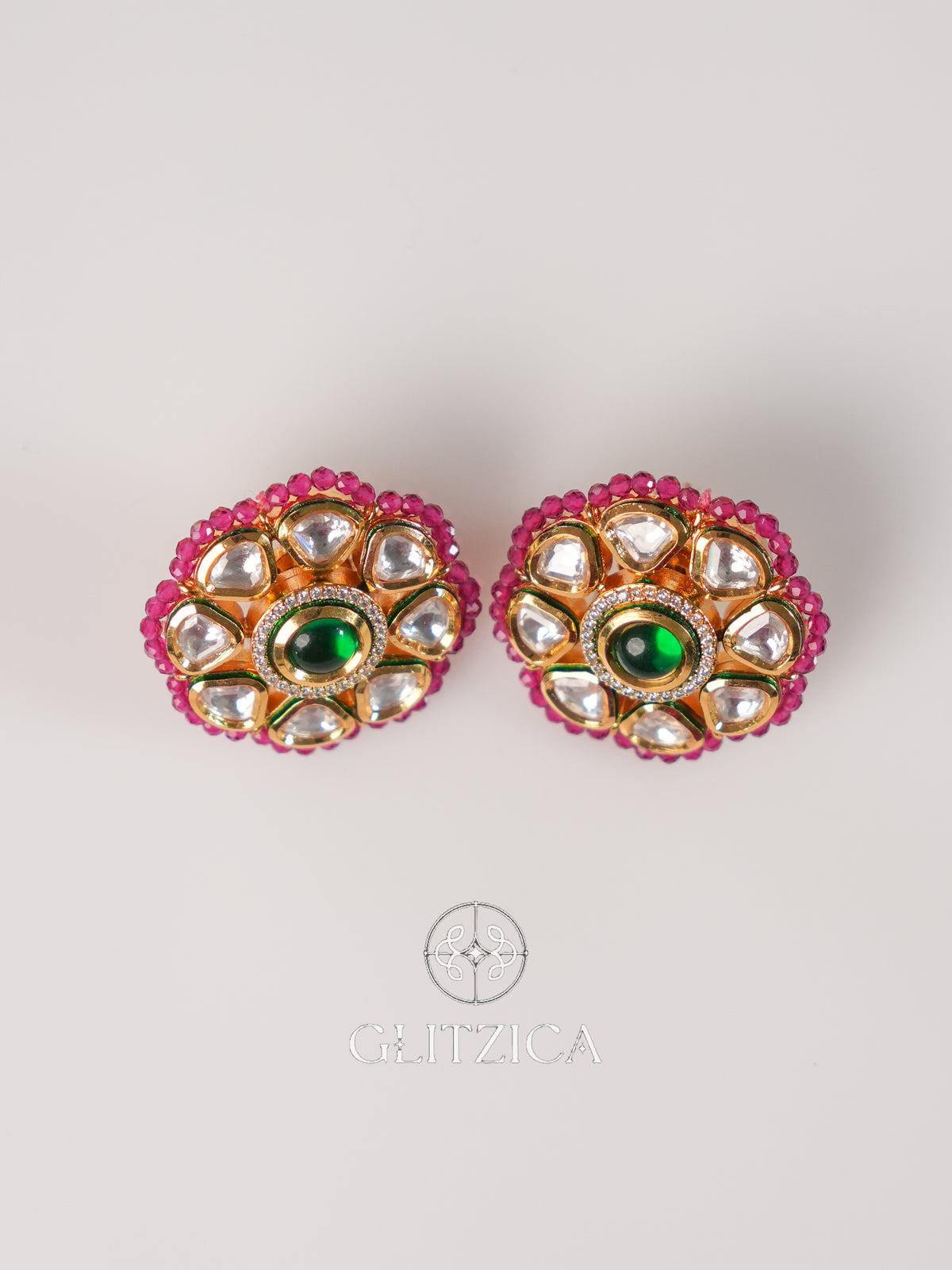 Kundan Green Stone Stud Earrings