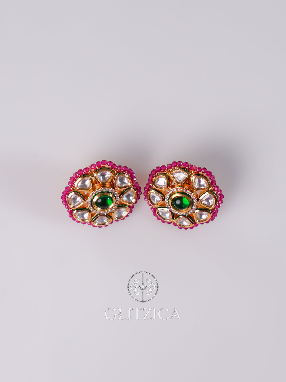 Kundan Green Stone Stud Earrings
