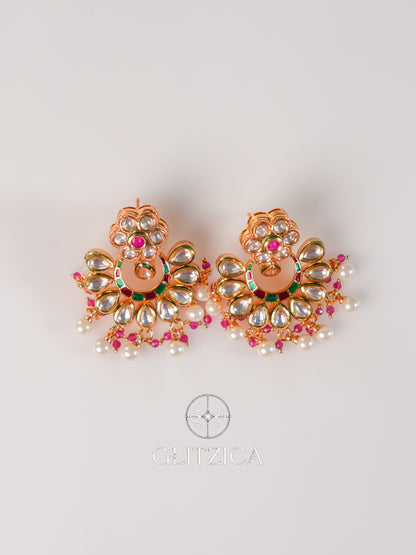 Kundan Floral Pearl Drop Jhumkas Earrings