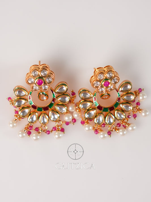 Kundan Floral Pearl Drop Jhumkas Earrings