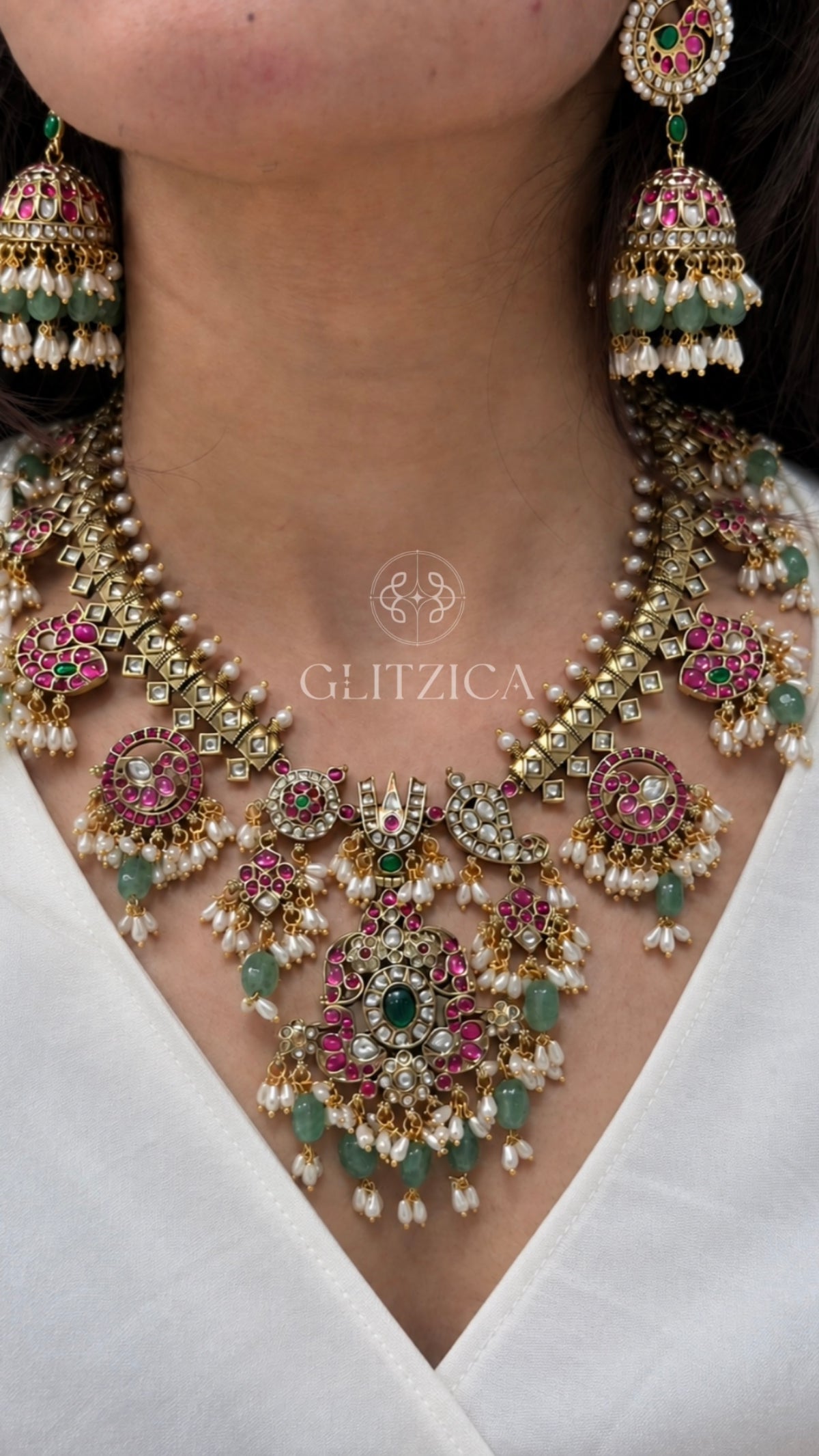 Divya Emerald Guttapusalu Necklace Set