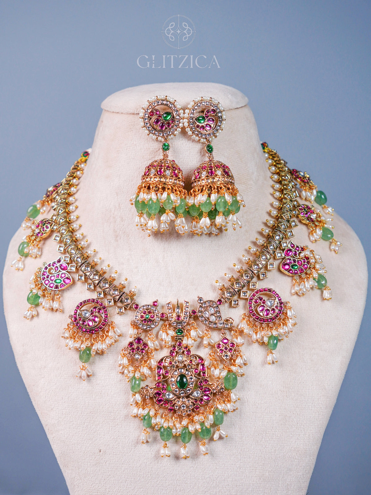 Divya Emerald Guttapusalu Necklace Set