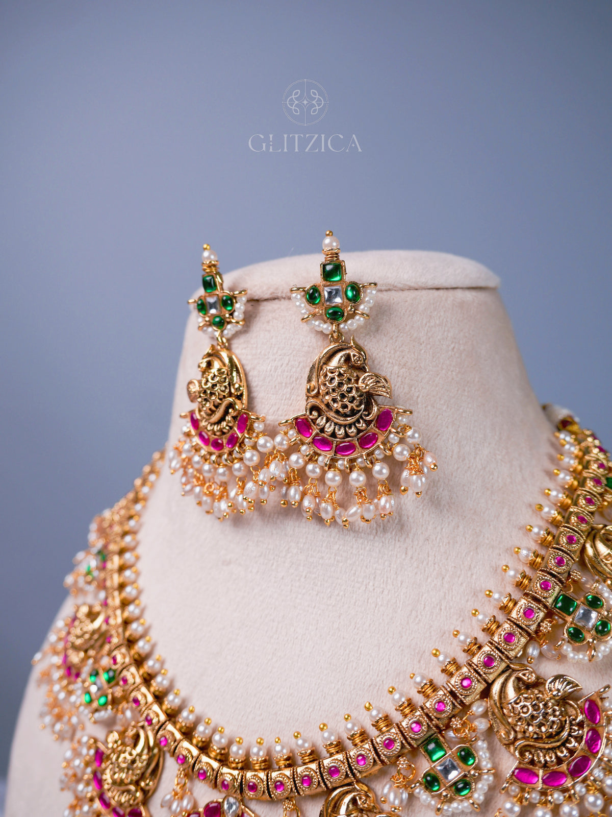 Priyanka Temple Jadua Kundan Necklace Set