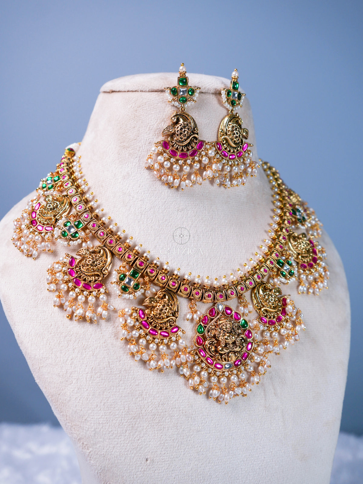 Priyanka Temple Jadua Kundan Necklace Set