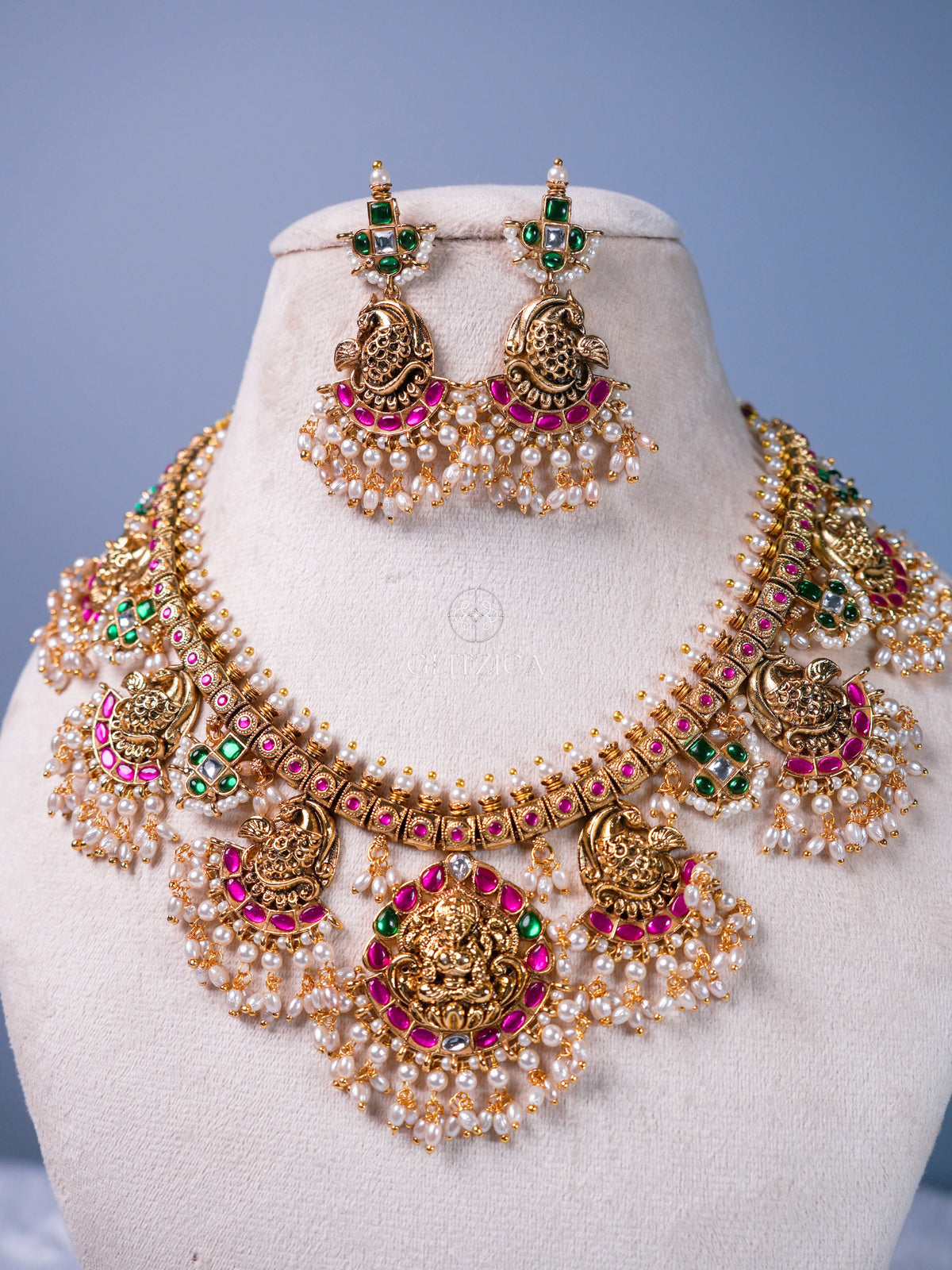 Priyanka Temple Jadua Kundan Necklace Set