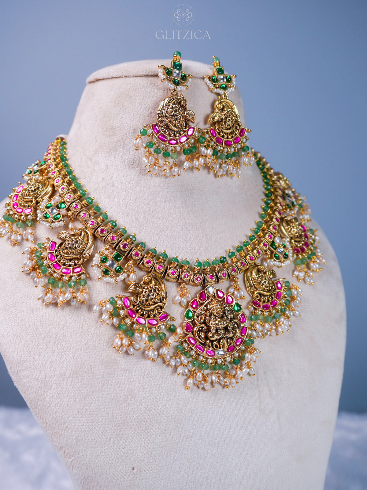 Shreya Temple Jadua Kundan Necklace Set
