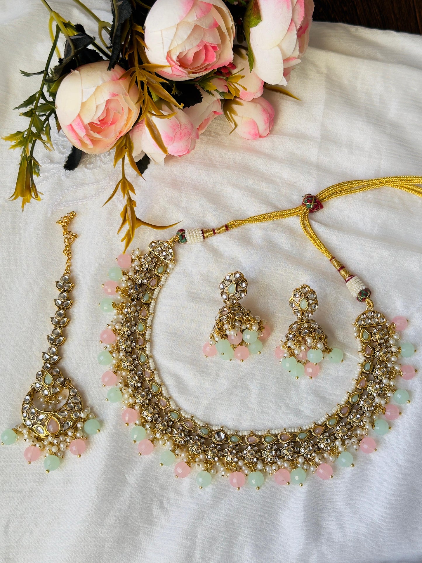 Pastel Kundan Necklace Set with Maangtika